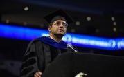 Sachin Shetty, executive director of the Center for Secure and Intelligent Critical Systems at ODU's Virginia Modeling, Analysis and Simulation Center, speaks at the advanced degree ceremony Friday evening at the Chartway Arena. Photo Chuck Thomas/ODU