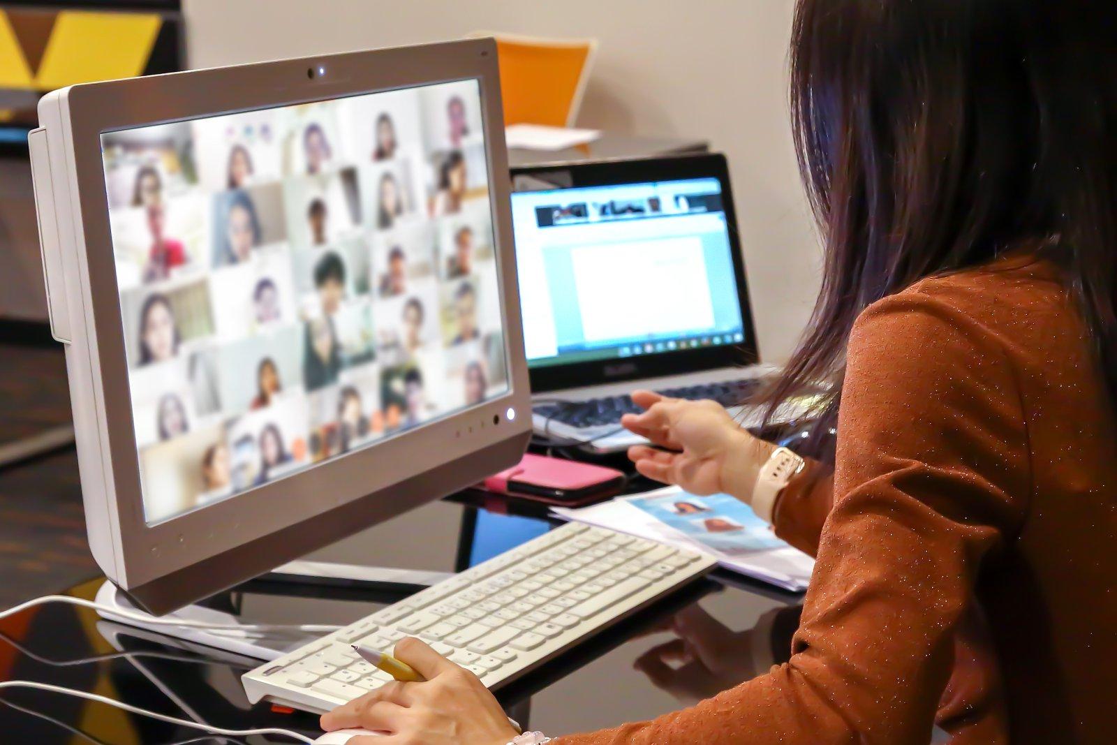 Female teacher are using computer laptop for online teaching students or online elearning ormeetings with webex or zoom program application.